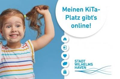 Ein gutgelauntes Mädchen und der Text "Meinen Kita-Platz gibt´s online"